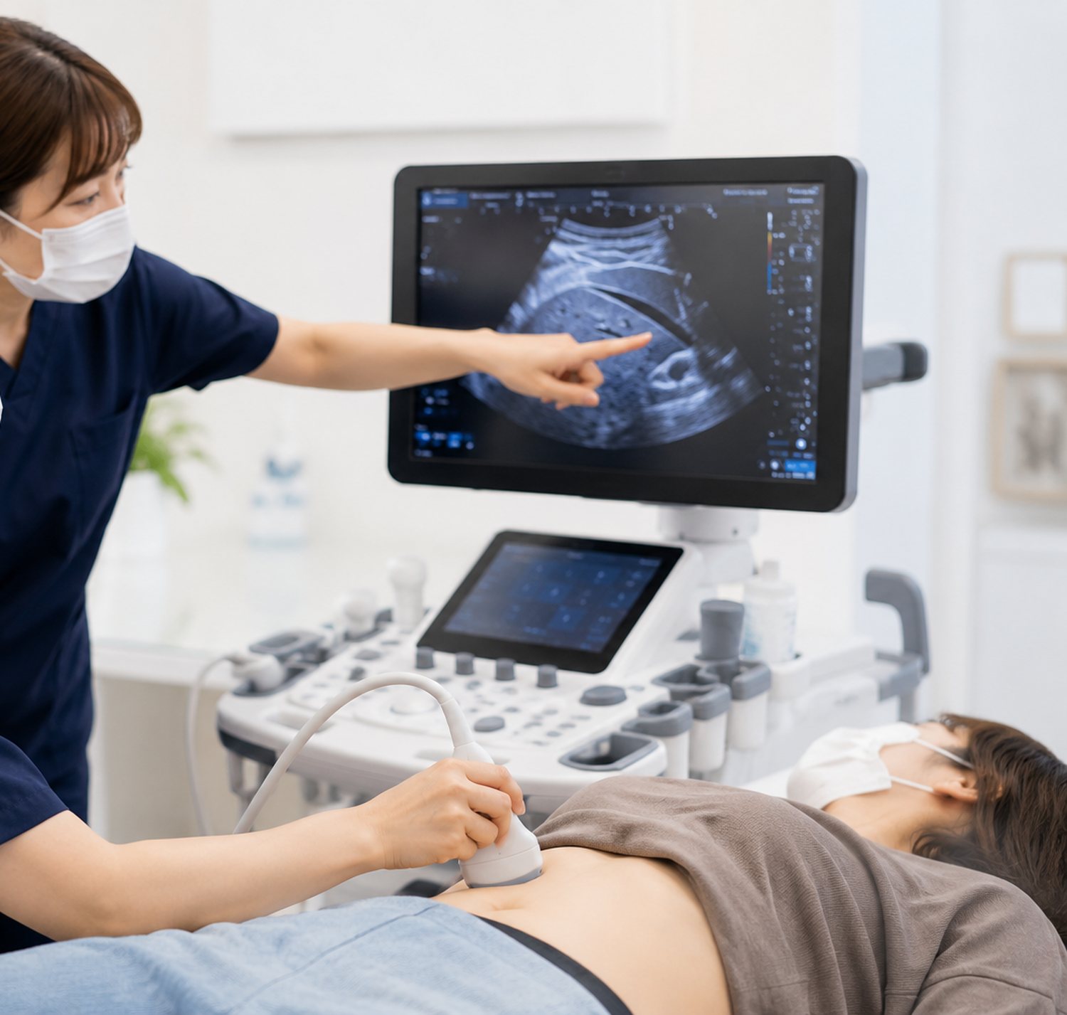 医療機関の検査室で、実際の症例をもとに超音波検査の指導を受ける院内技師